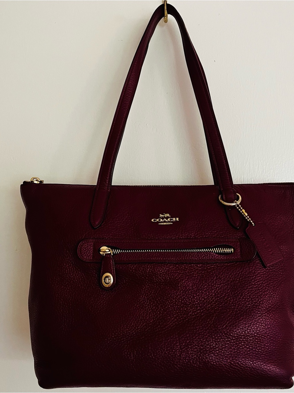 Coach Burgundy Pebbled Leather Tote with Gold Hardware